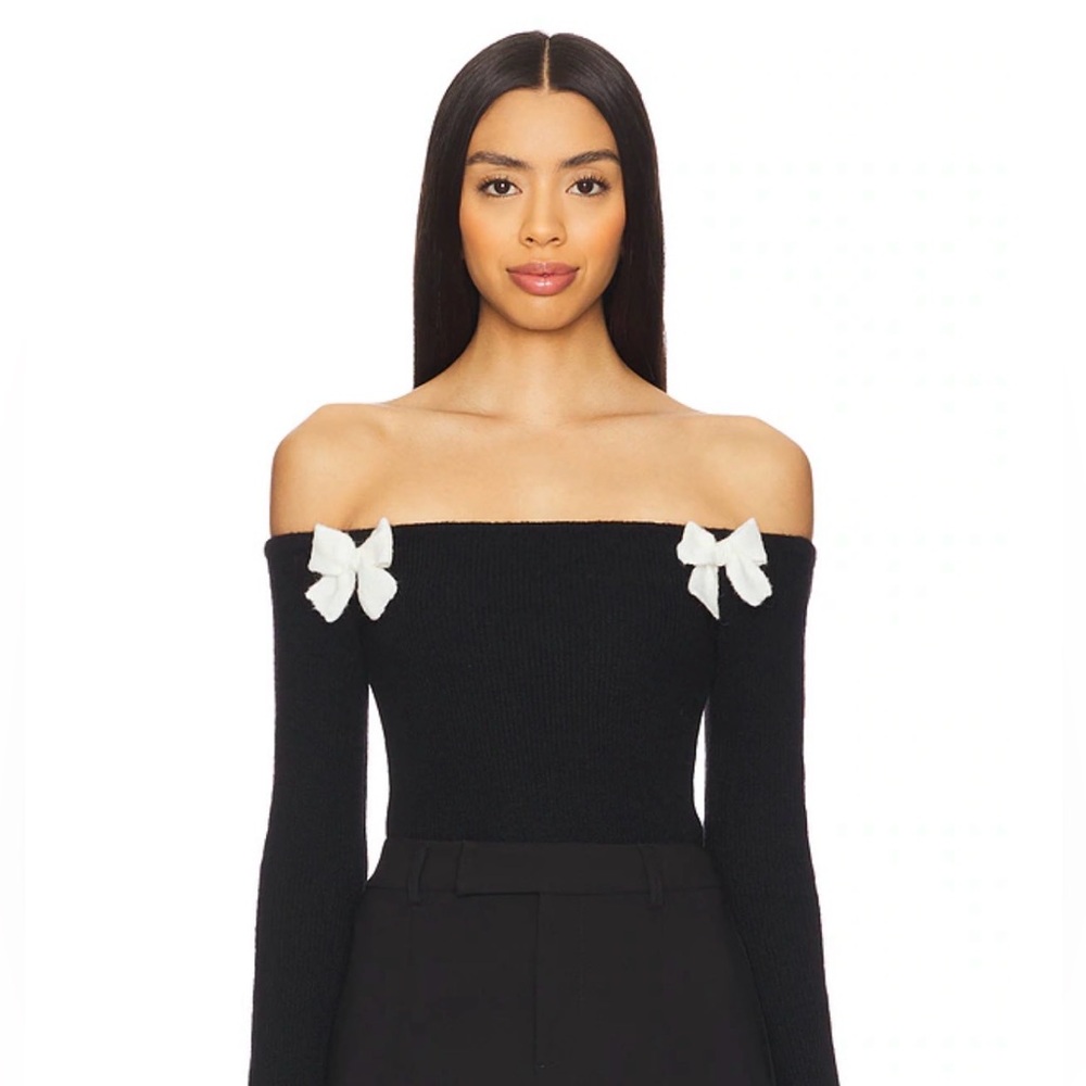 Majorelle Off-Shoulder Fuzzy Bow Sweater — Black - Size Small, NWT